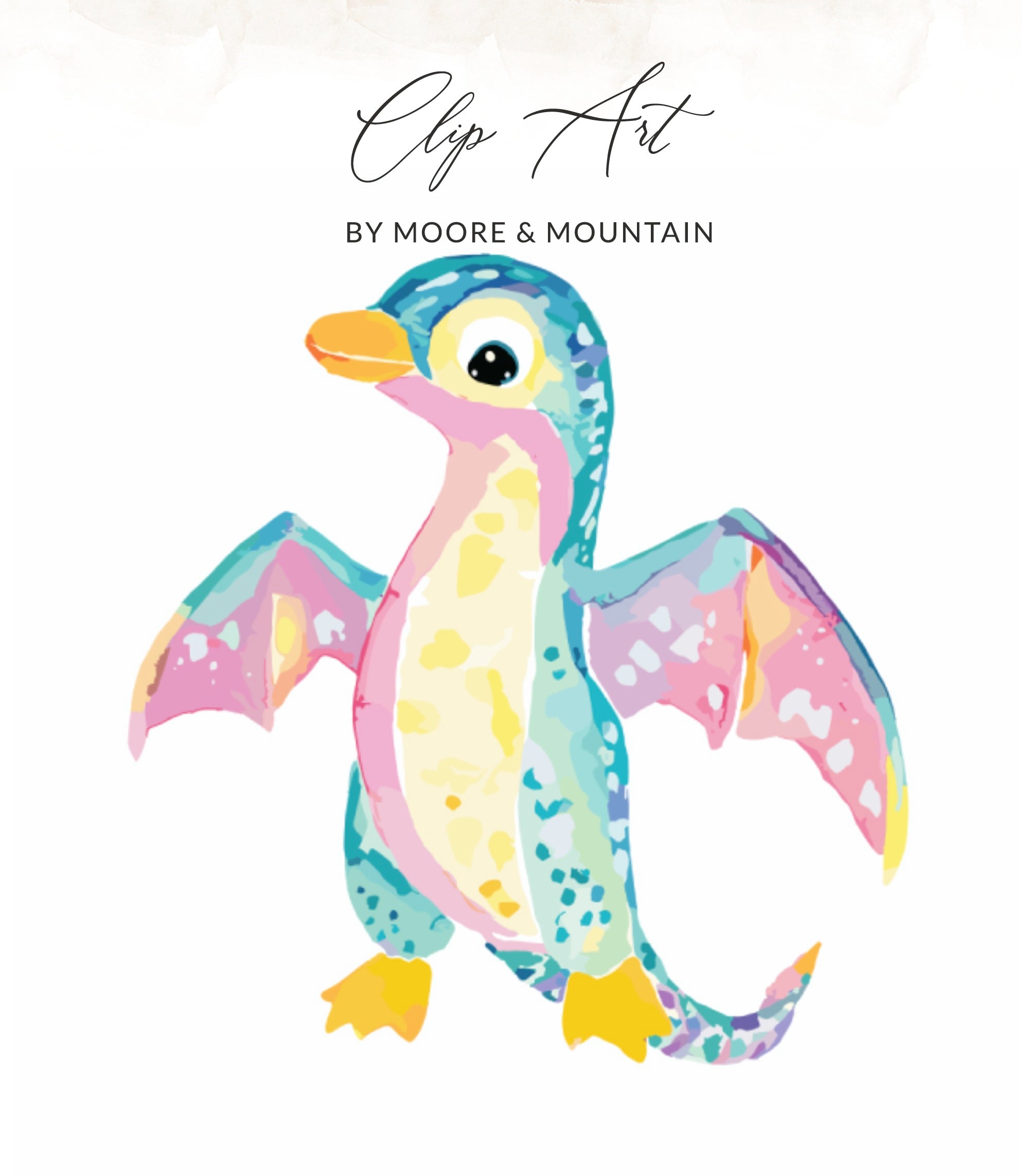 Watercolor dragon clip art with "Clip Art by Moore & Mountain" text.