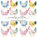 Watercolor chicken hens colorful farm animal seamless pattern product type