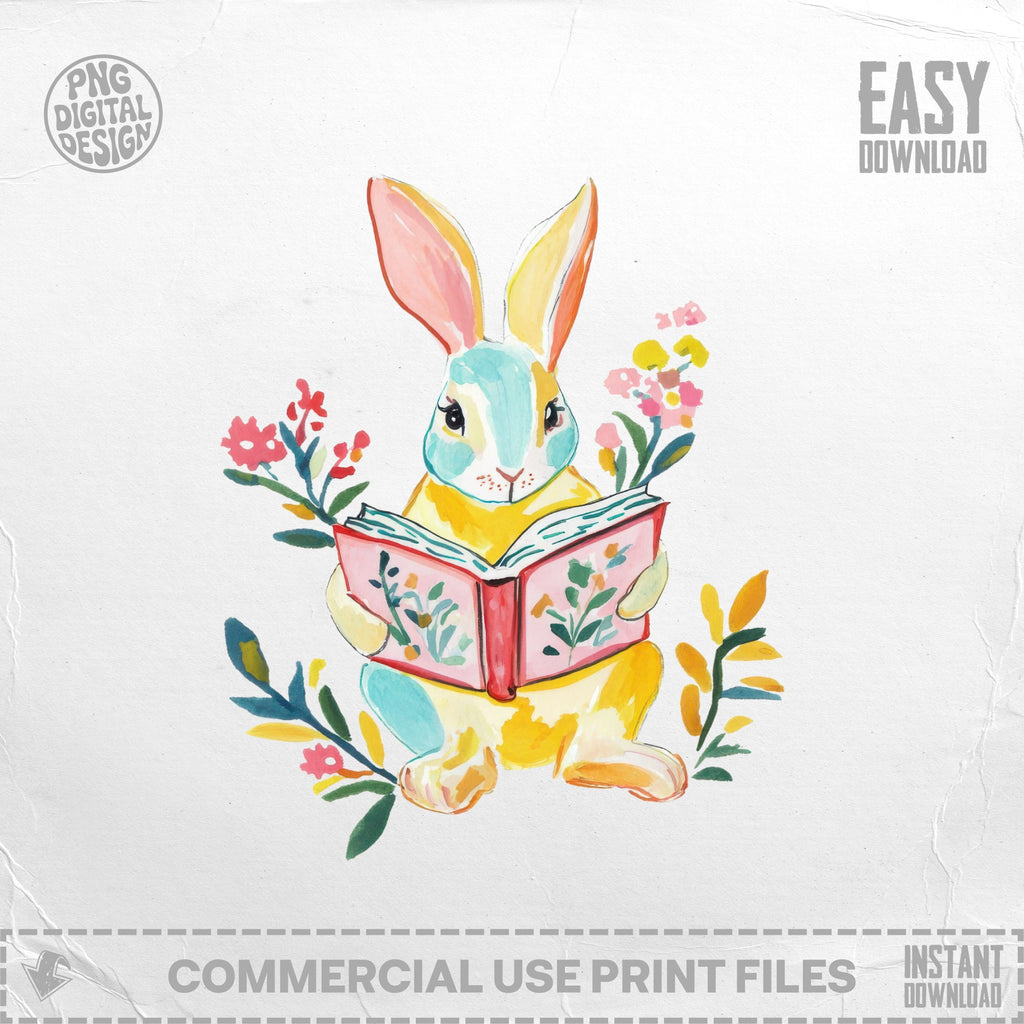 Yellow and blue bunny reading a book surrounded by colorful flowers.