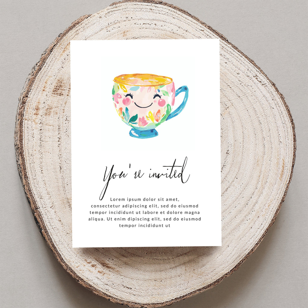 Hand-painted teacup invitation with "You're invited" text and placeholder copy.