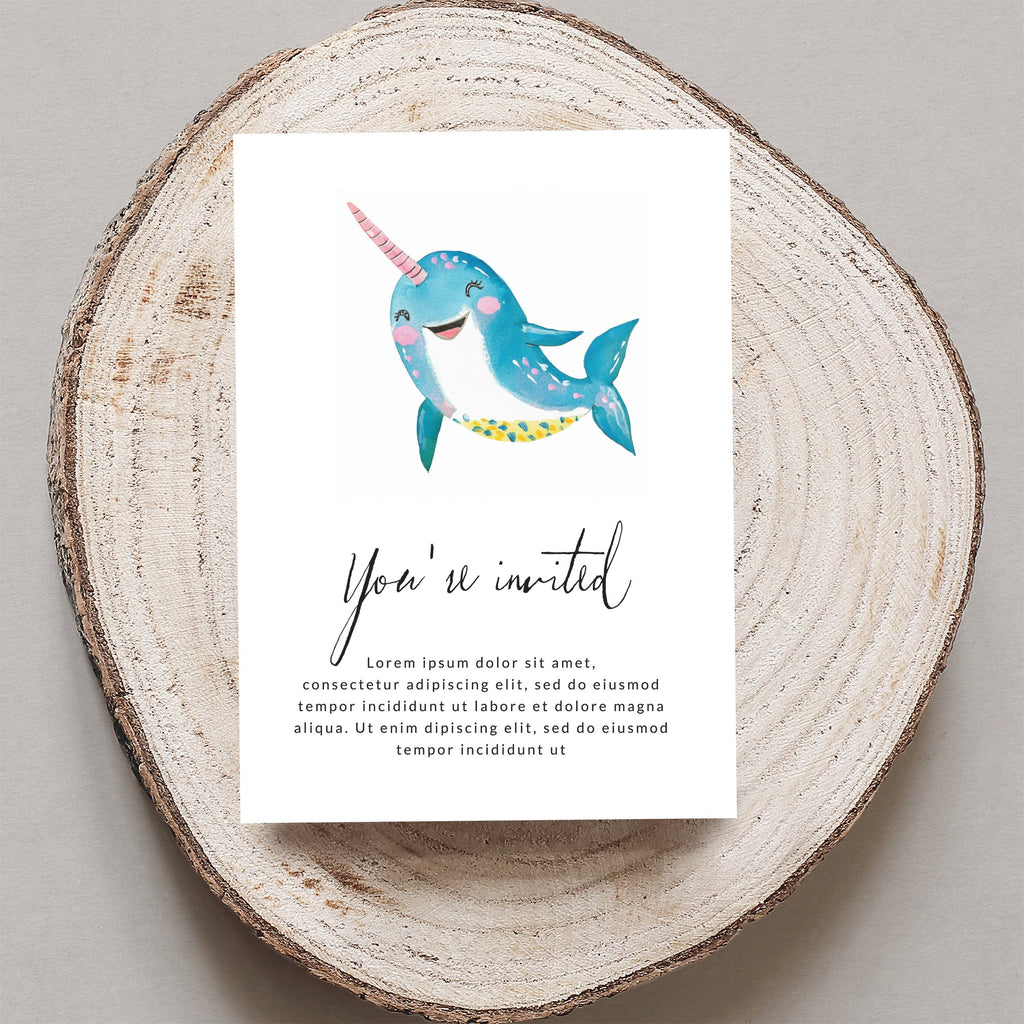Invitation card with cartoon narwhal and "You're invited" text.