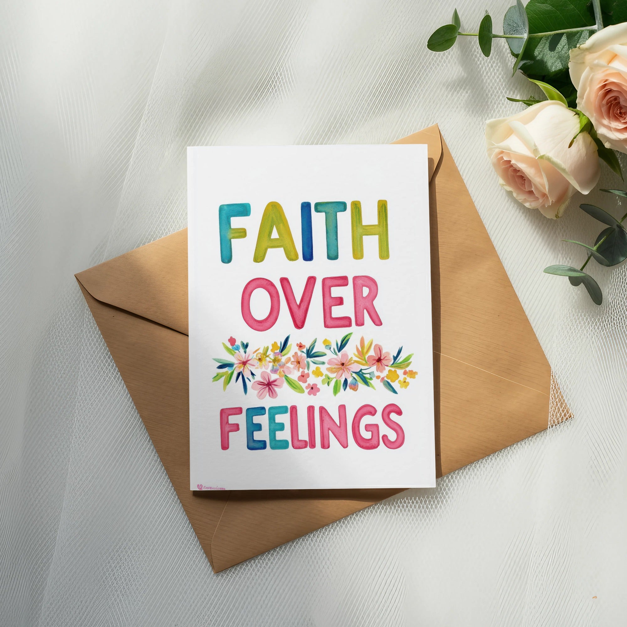 Greeting card with "FAITH OVER FEELINGS" text and floral watercolor design.