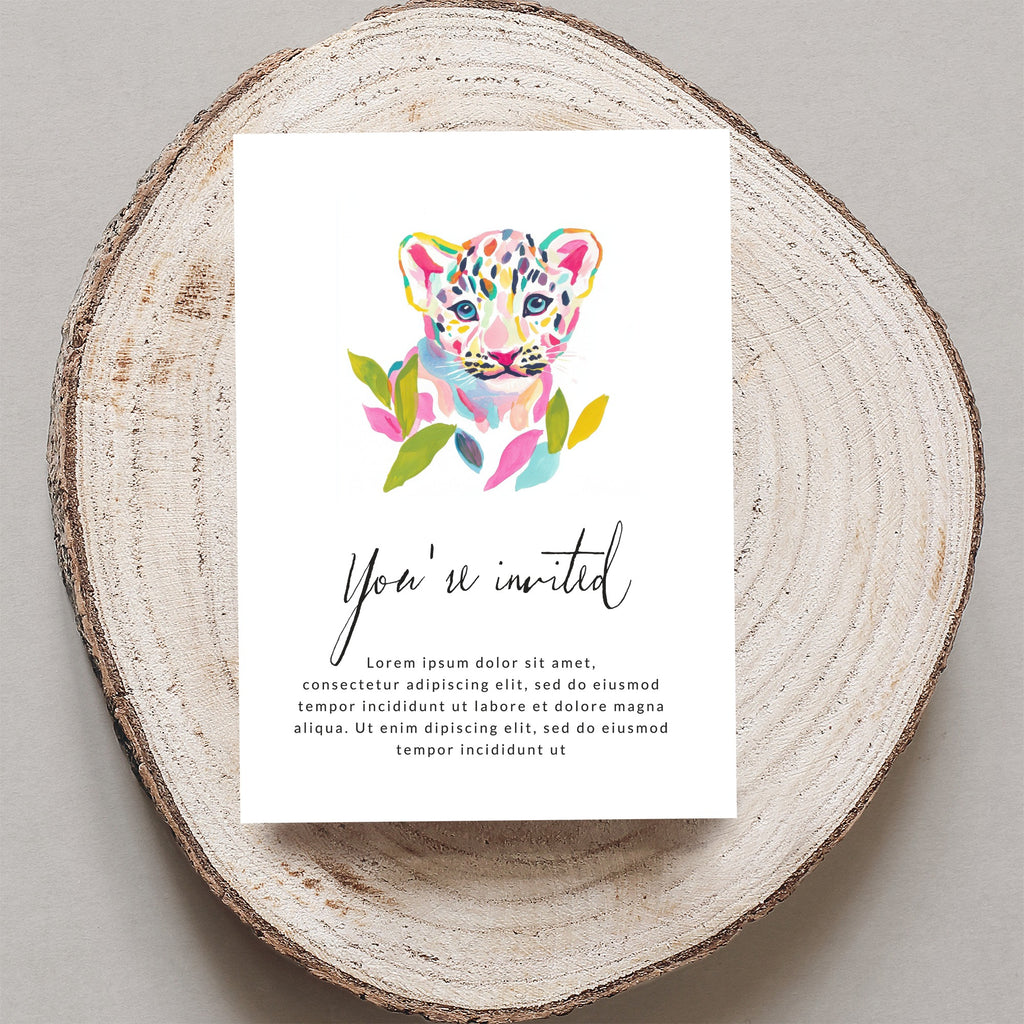 Colorful leopard cub illustration on "You're invited" card with placeholder text.