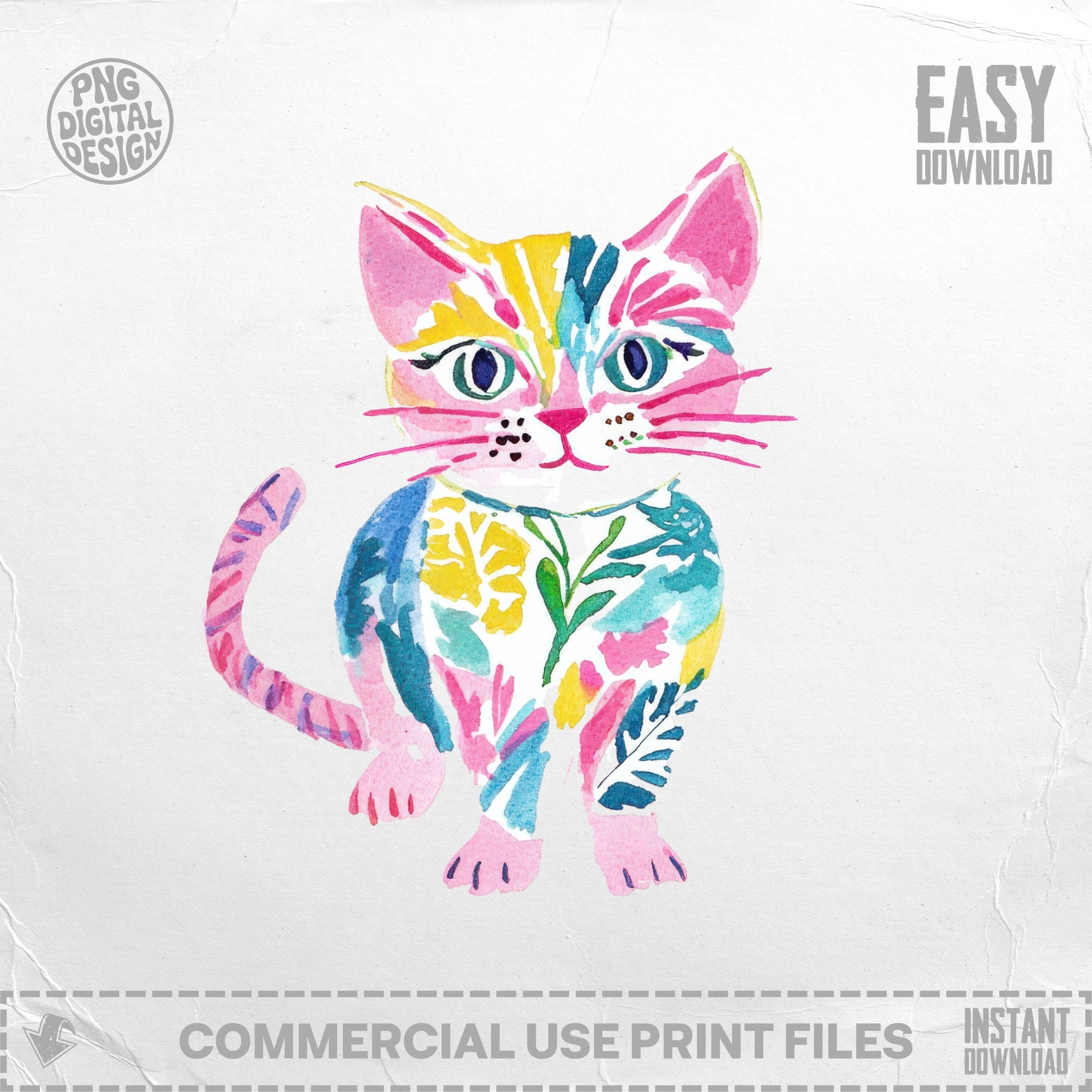 Colorful watercolor cat with floral pattern, pink tail, and "EASY DOWNLOAD" text.