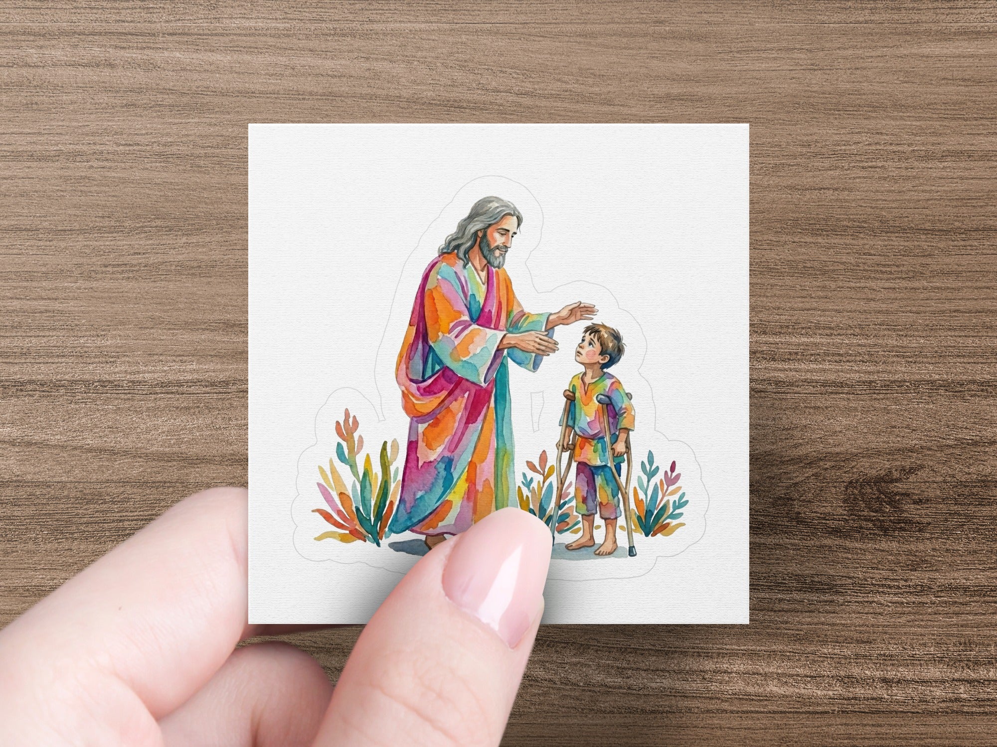 Jesus in colorful robes blesses a child with crutches.