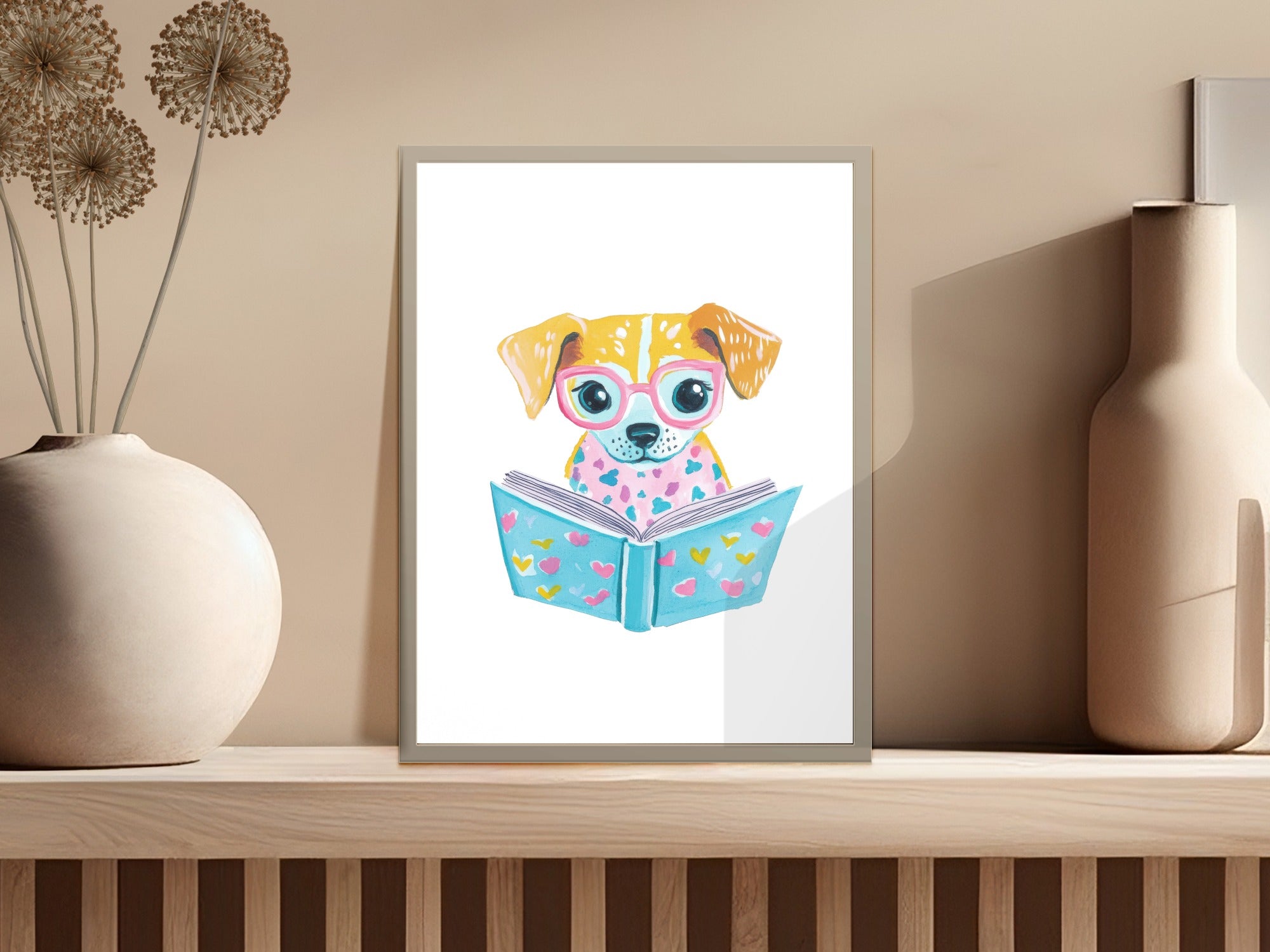 Watercolor painting of a dog with glasses reading a book.