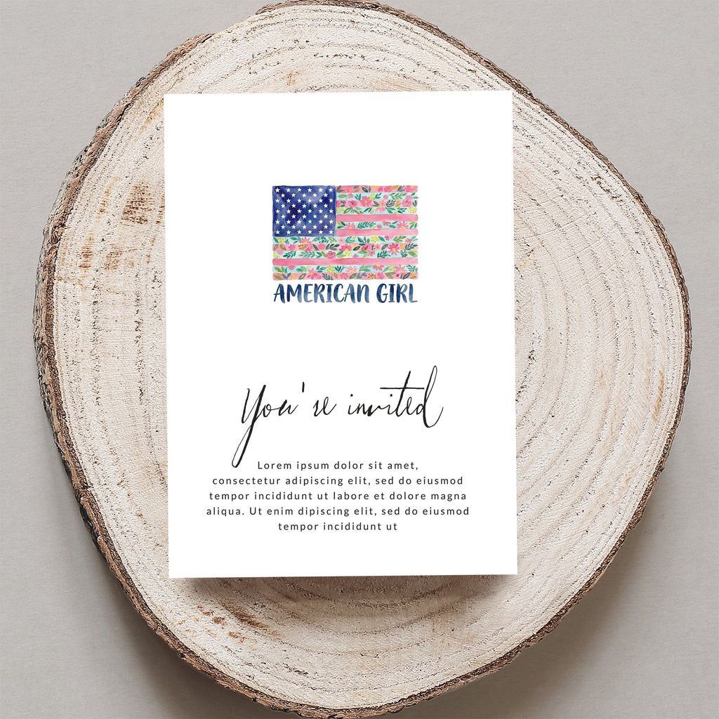 American Girl invitation with floral American flag and placeholder text.