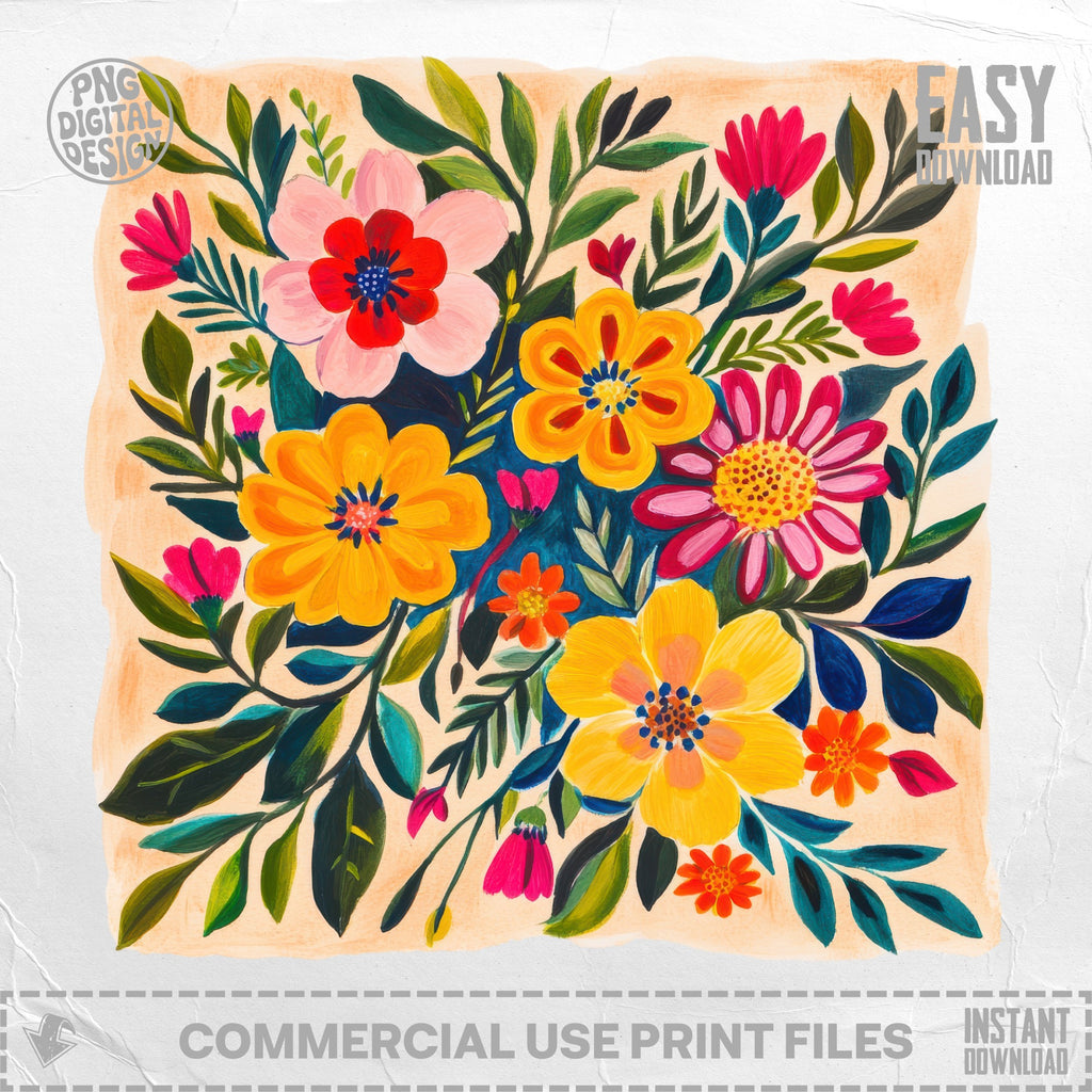 Floral design with colorful flowers, leaves, and text "EASY DOWNLOAD".