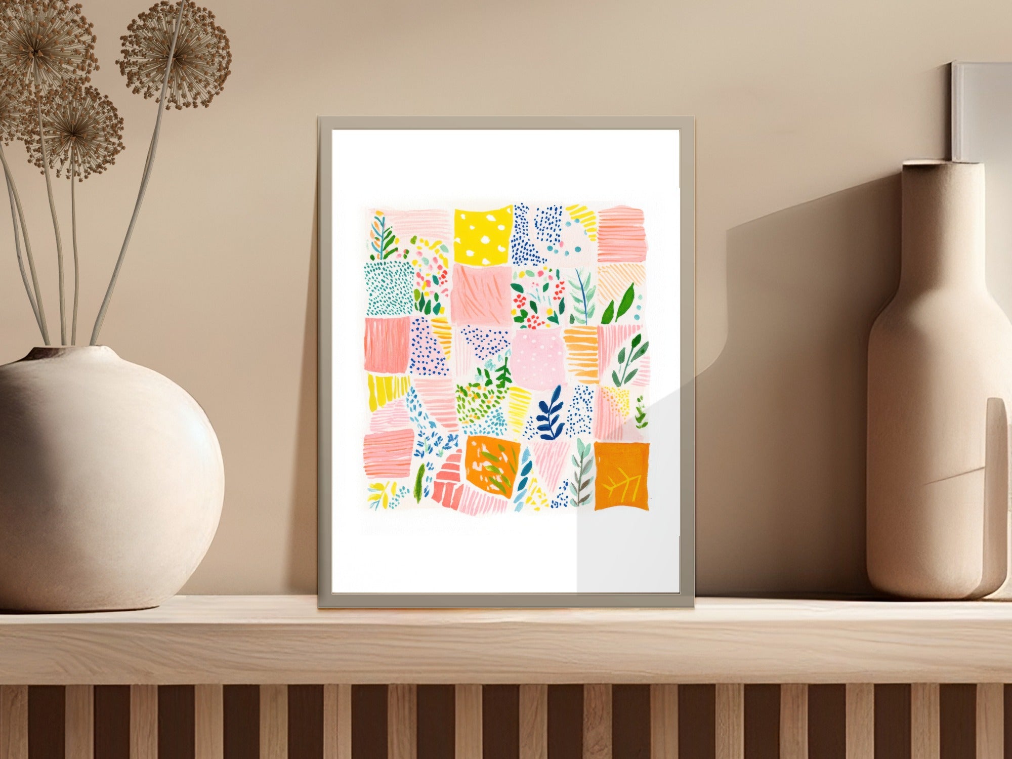 Colorful abstract art print featuring squares with floral and dot patterns.