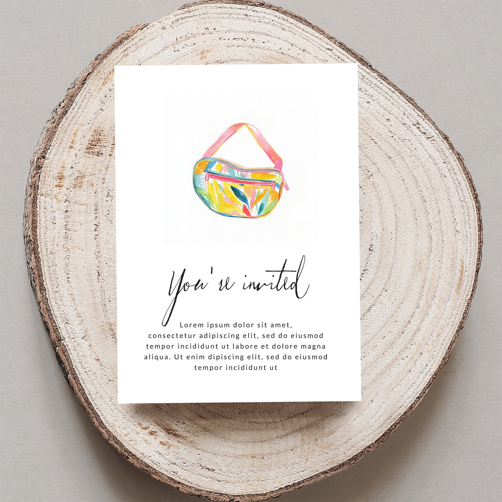Invitation card with watercolor fanny pack illustration and "You're invited" text.