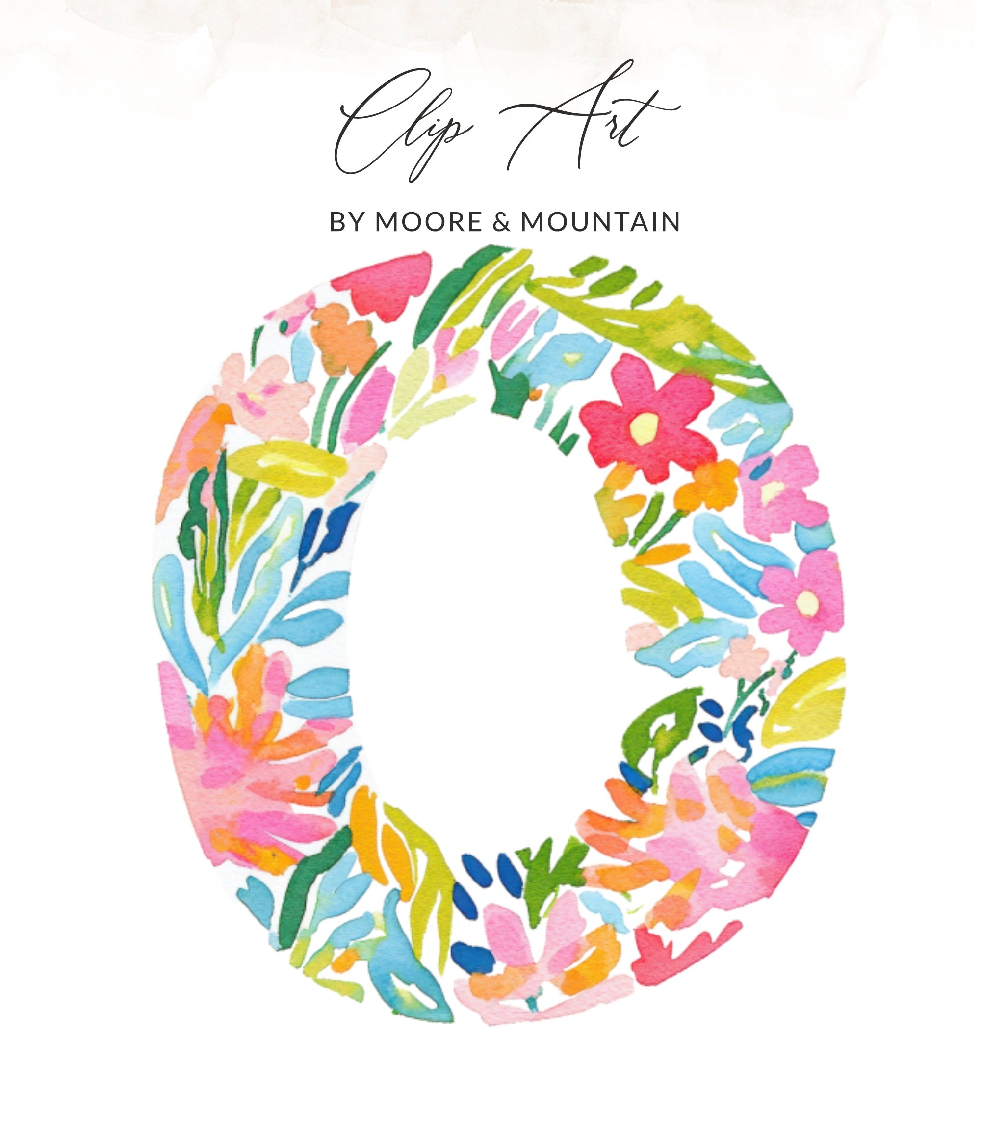 Floral watercolor letter O with text "Clip Art by Moore & Mountain".
