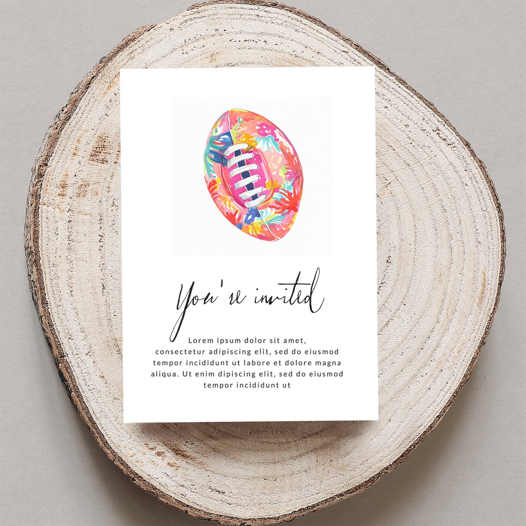 Invitation with floral football design and placeholder text.