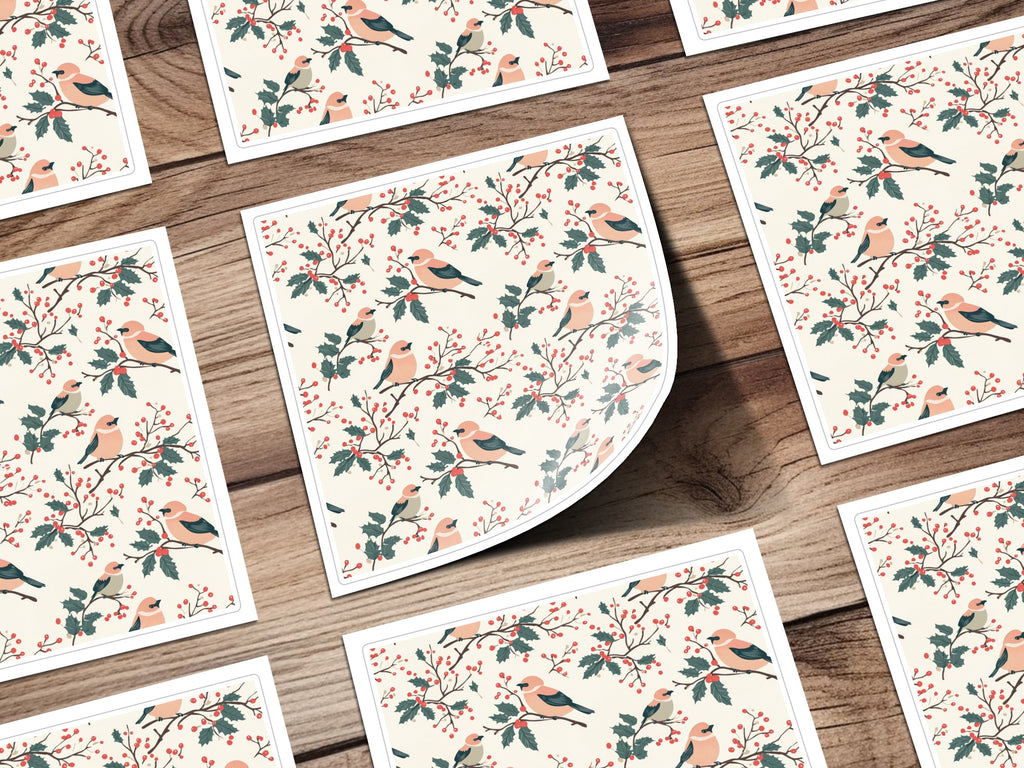 Bird and Berry Patterned Square Sticker Sheet