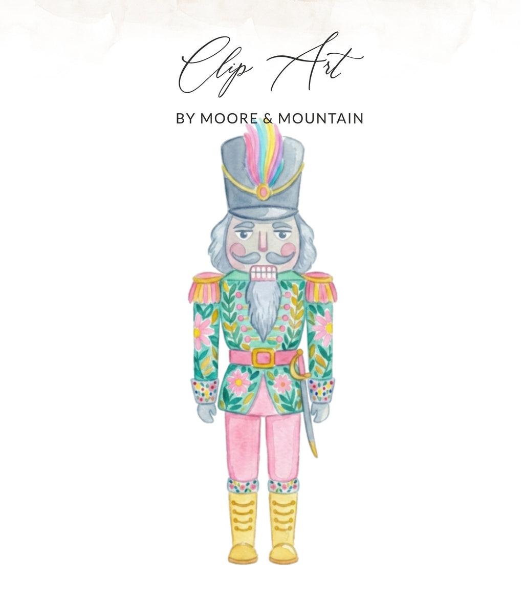 Watercolor nutcracker with pink floral uniform and gold boots, "Clip Art by Moore & Mountain".