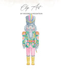 Watercolor nutcracker with pink floral uniform and gold boots, "Clip Art by Moore & Mountain".