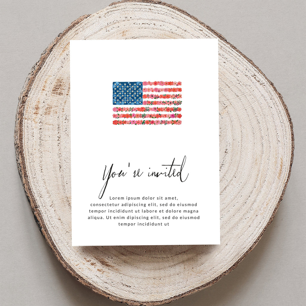 Invitation card with floral American flag and "You're invited" text.