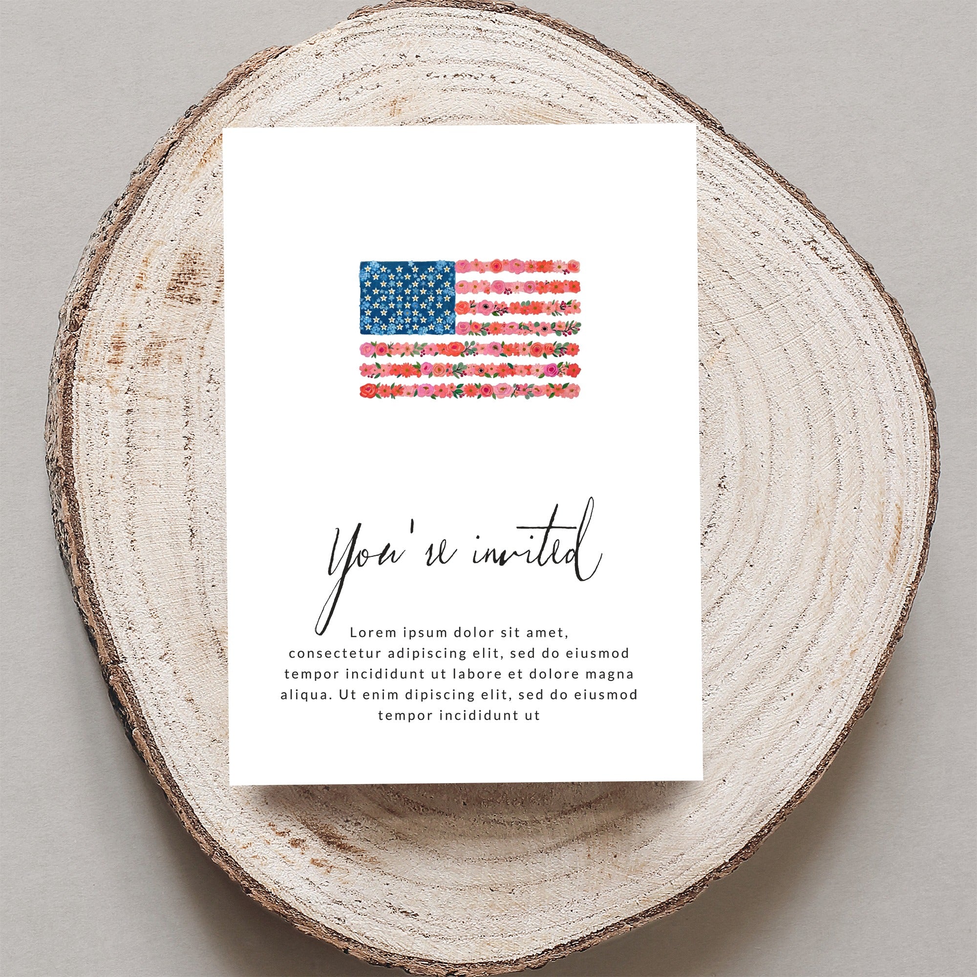 Invitation card with floral American flag and "You're invited" text.