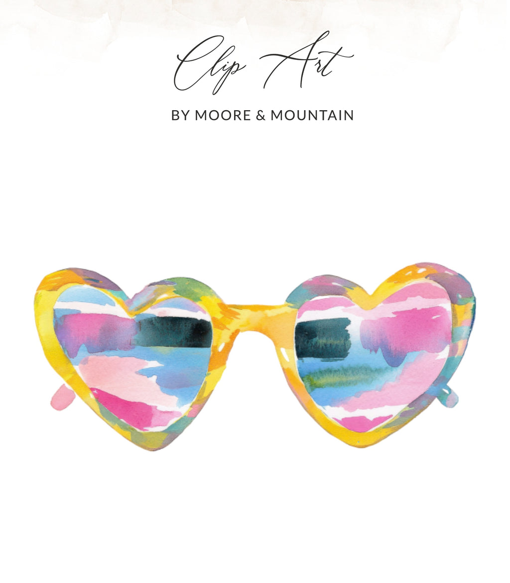 Heart-shaped sunglasses with colorful lenses and "Clip Art by Moore & Mountain" text.