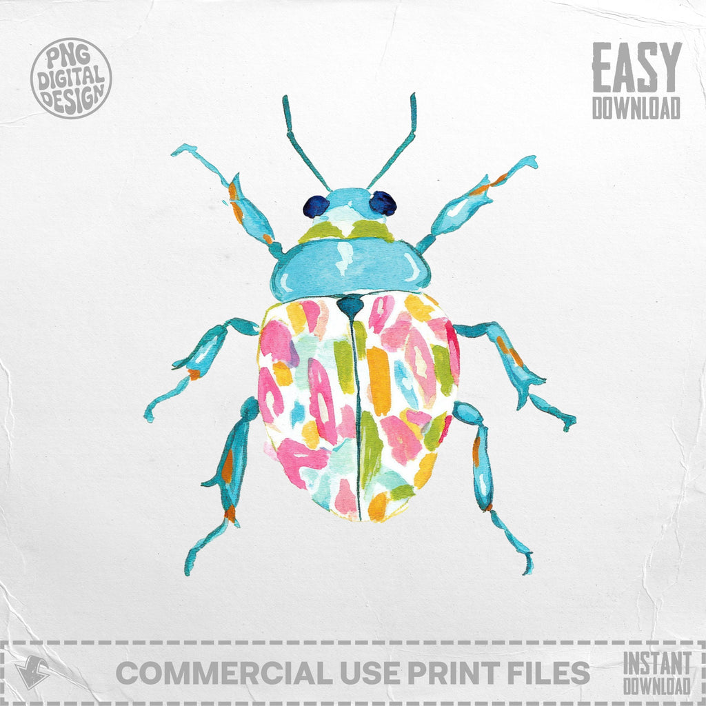 Watercolor illustration of a colorful beetle with pink, yellow, and blue abstract splotches.