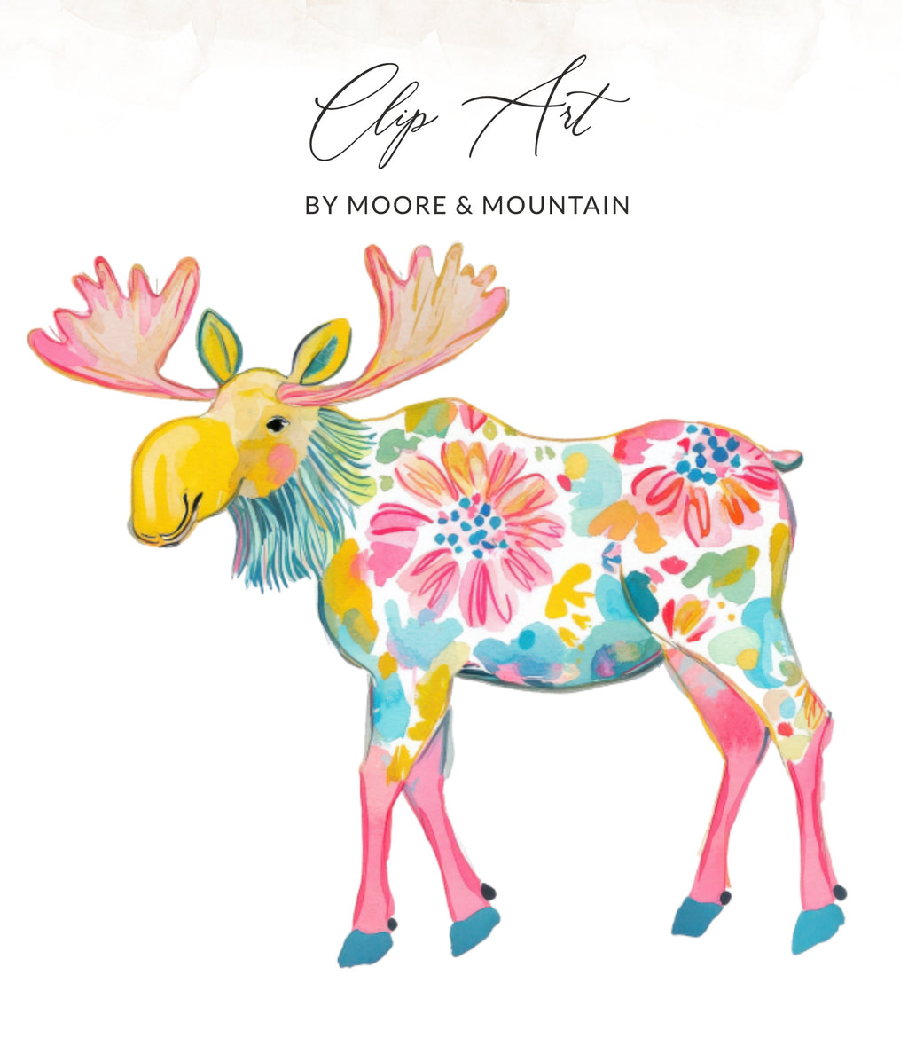 Watercolor moose with colorful floral patterns and "Clip Art" title.