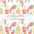 Seamless pattern of colorful chili peppers with "seamless pattern by Moore & Mountain" text.