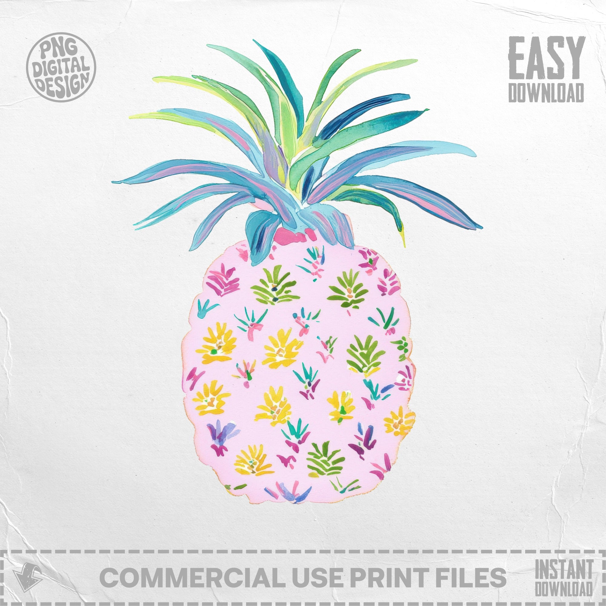 Pink pineapple with colorful floral pattern and green leaves, "EASY DOWNLOAD".