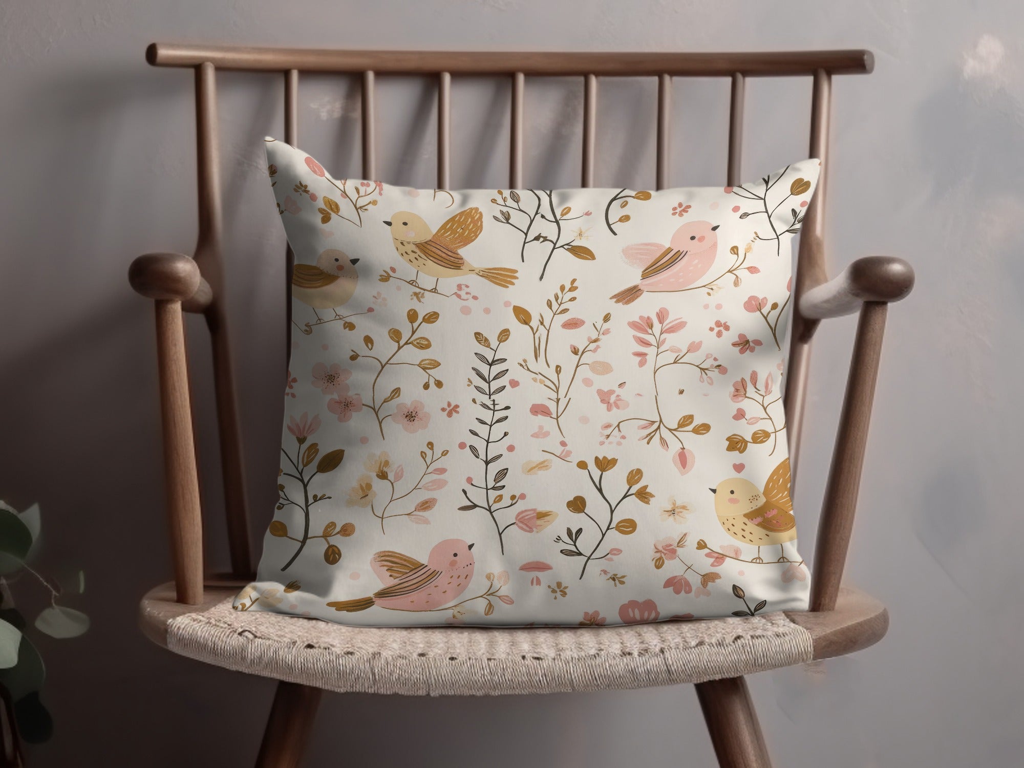 Charming Bird and Floral Pattern Accent Pillow
