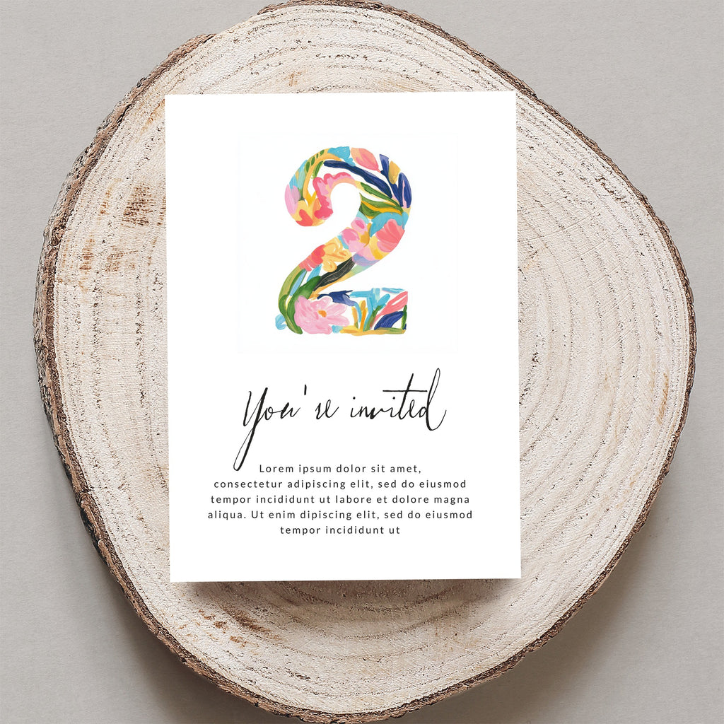 Floral number 2 invitation with "You're invited" text and placeholder copy.