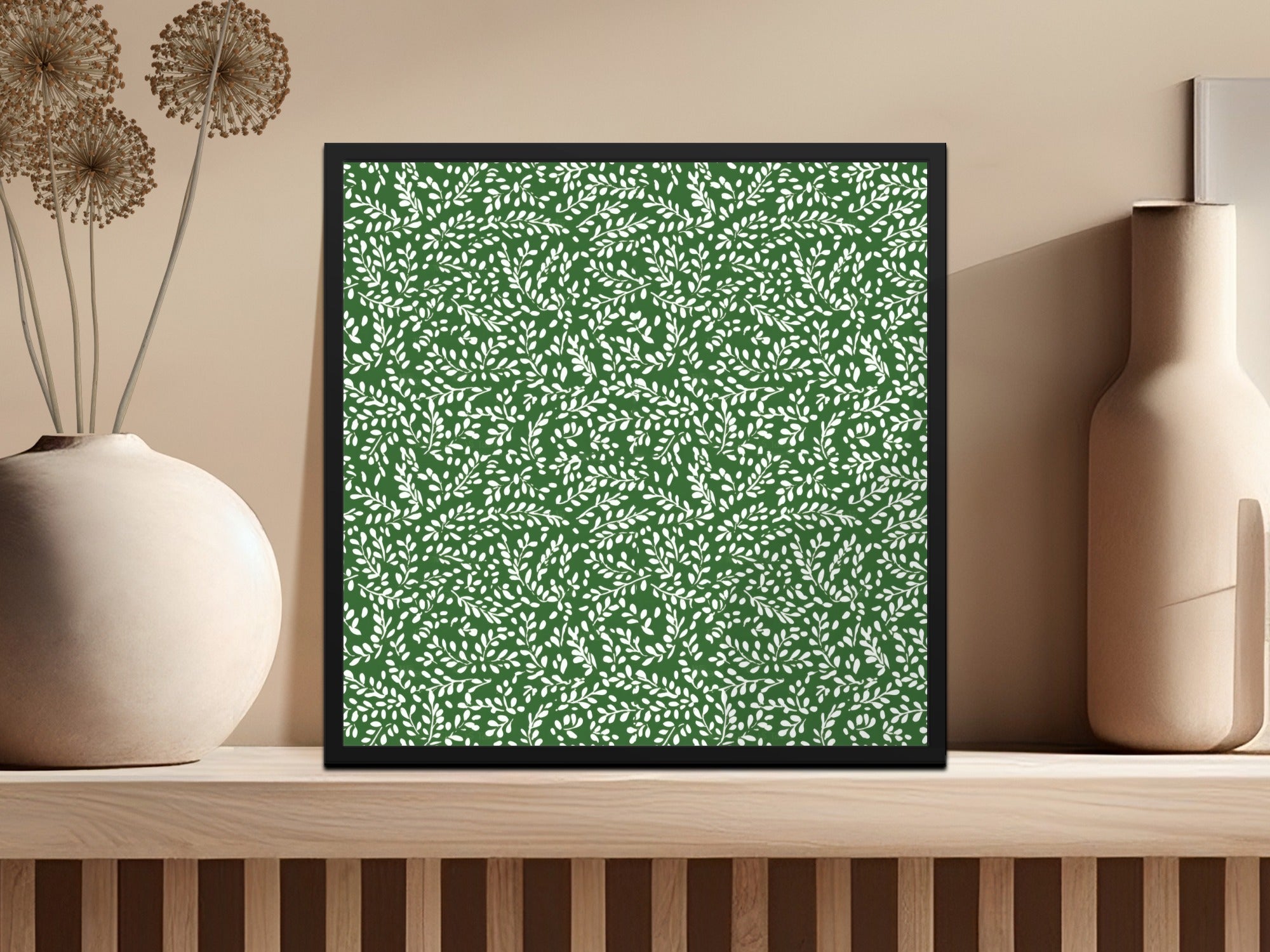 Green and White Botanical Pattern Decorative Artwork