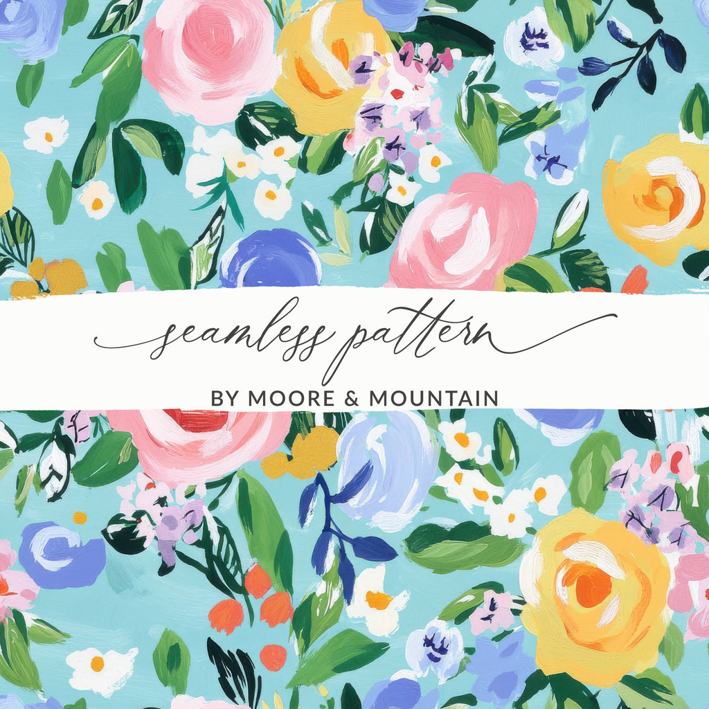 Blue Abstract Floral Seamless Pattern Digital Paper, Acrylic Spring Ditsy Flower Background, Fine Art Floral, Modern Gouache Painted Design
