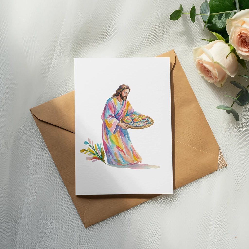 Jesus offering bread and fish from a basket.
