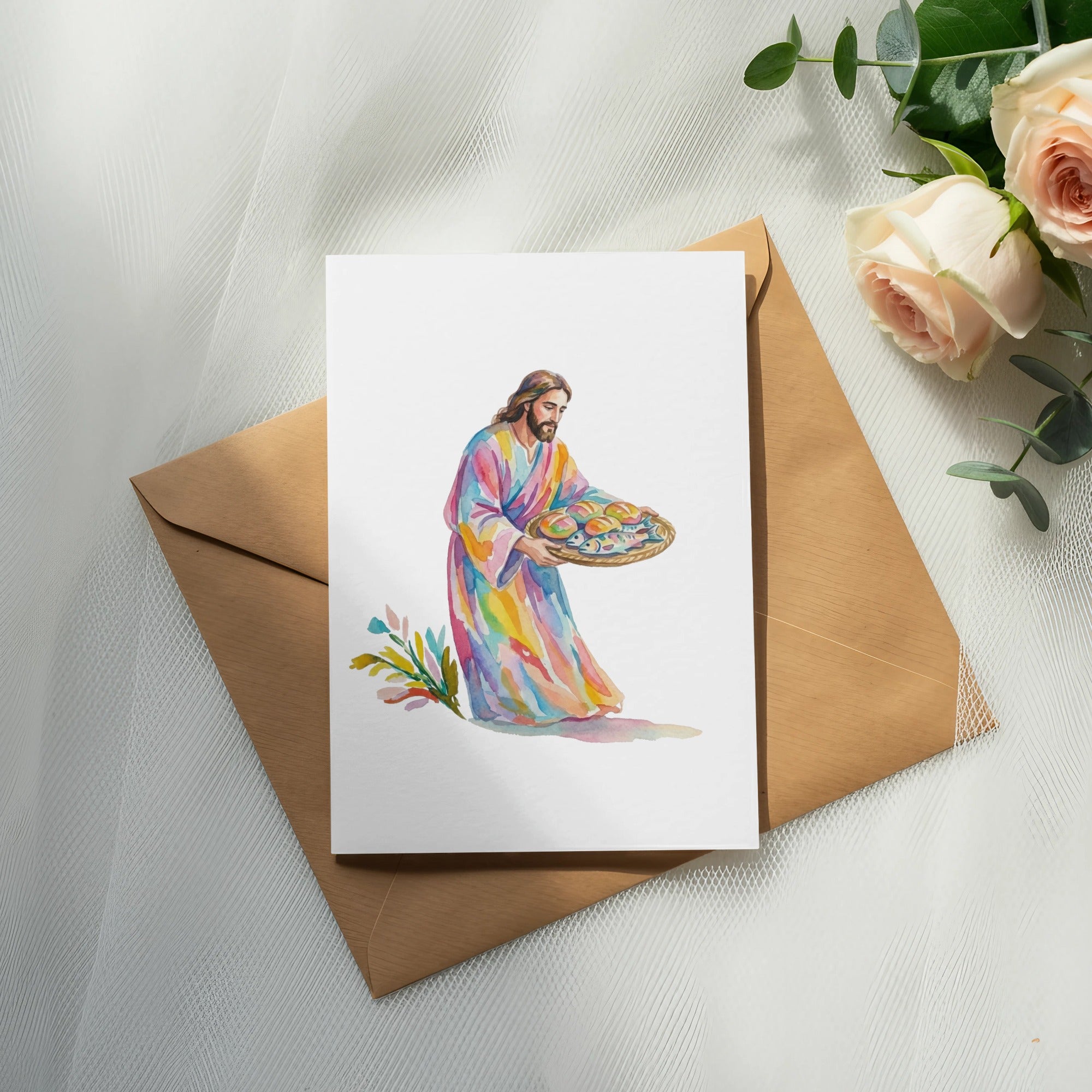 Jesus offering bread and fish from a basket.