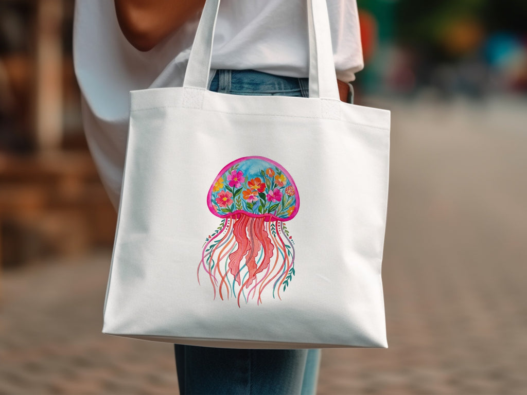 White tote bag with a colorful jellyfish and floral design.