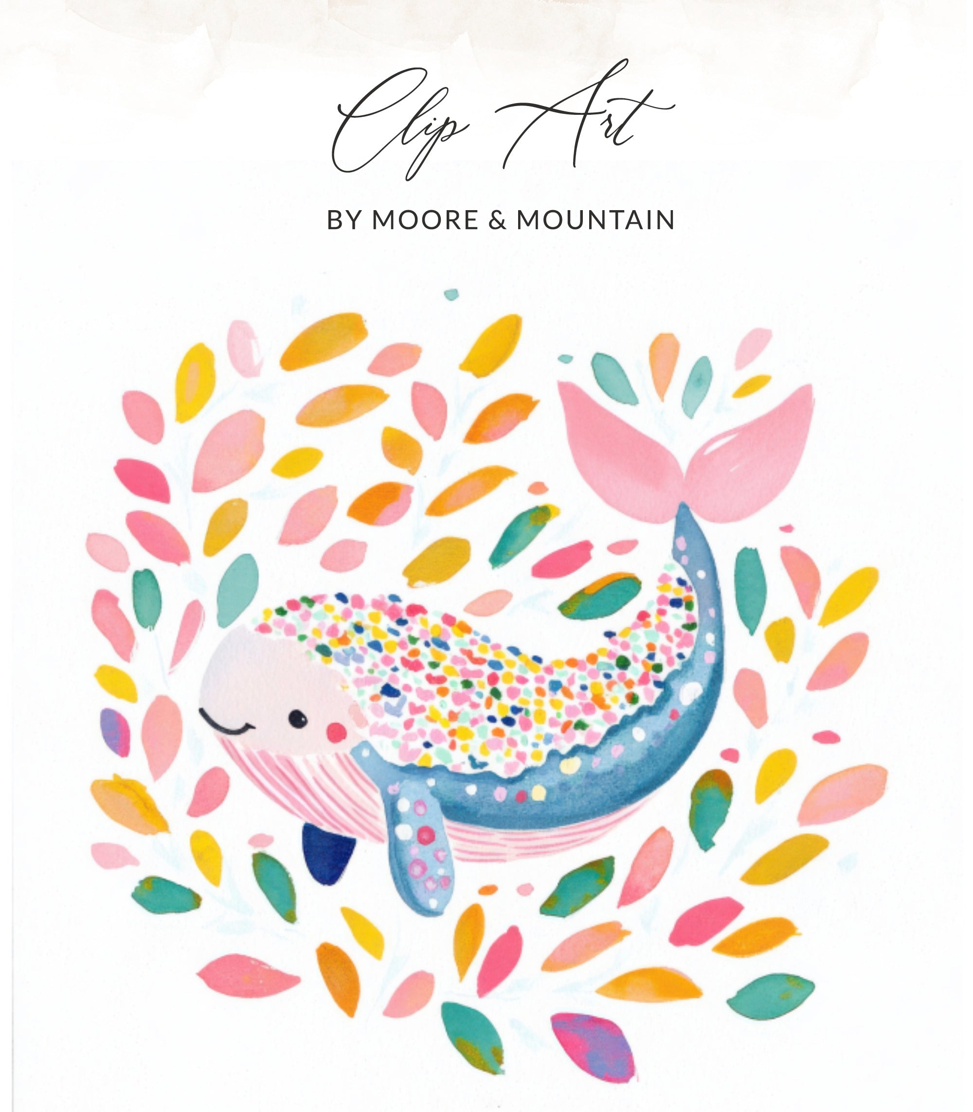 Whimsical watercolor whale with sprinkles, surrounded by colorful leaves.