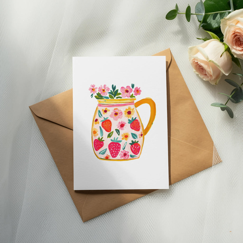 Card with a watercolor illustration of a jar of strawberries and flowers.