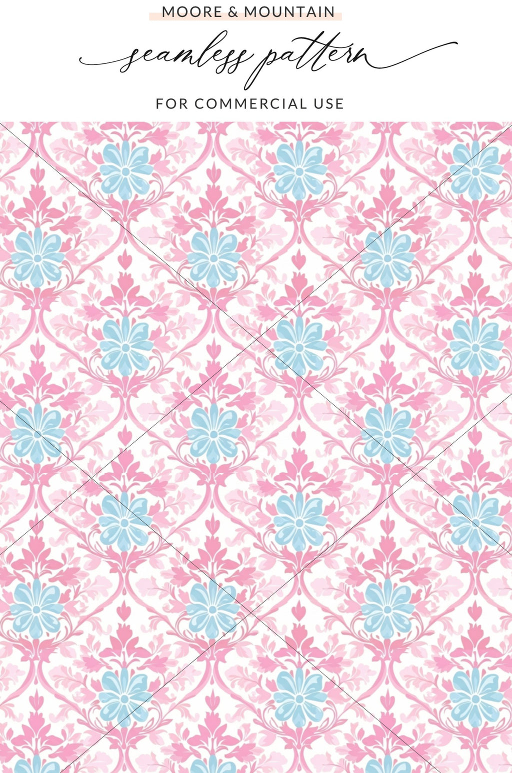 Pink and blue floral damask pattern with "Moore & Mountain" text.