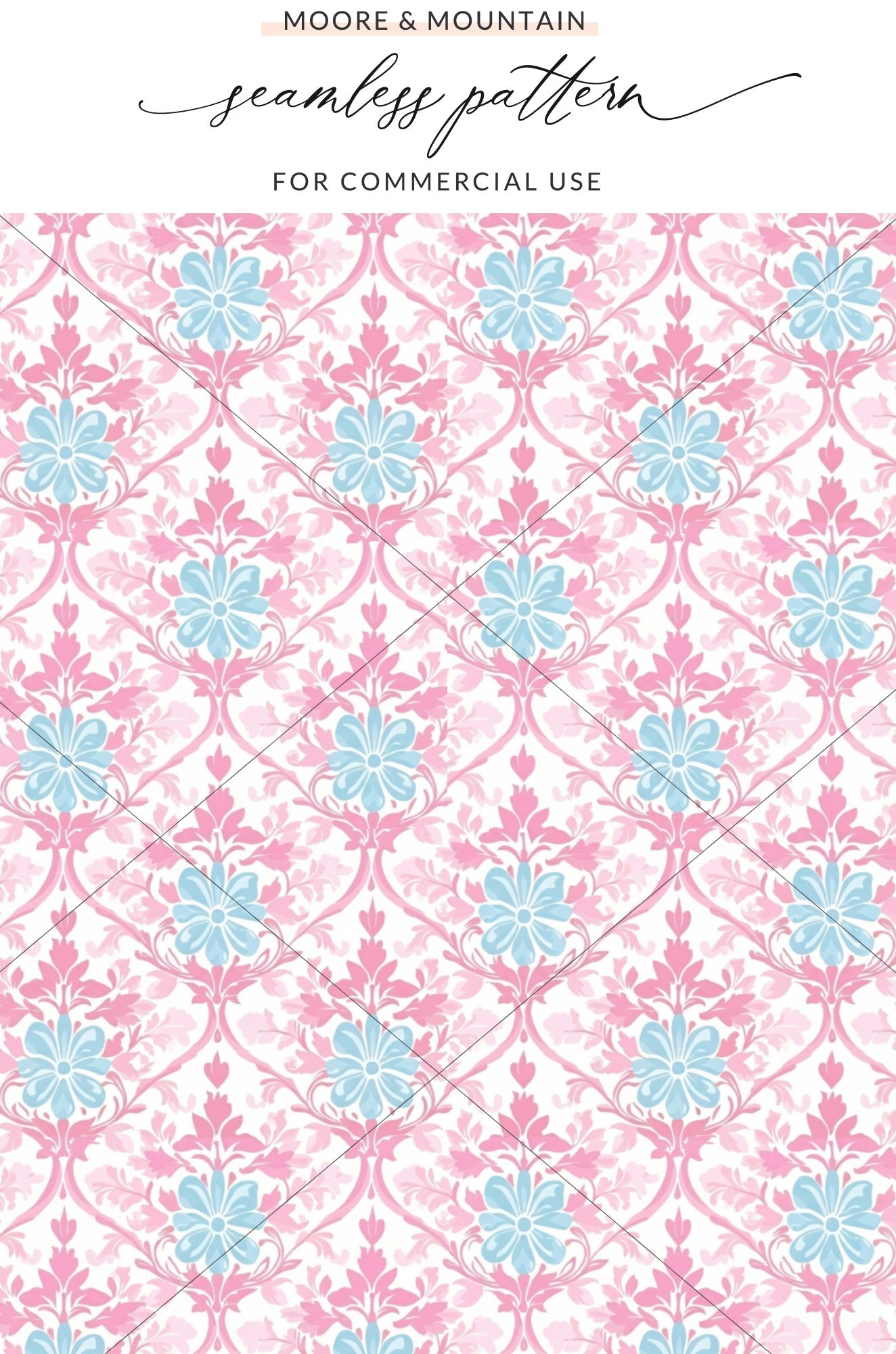 Pink and blue floral damask pattern with "Moore & Mountain" text.