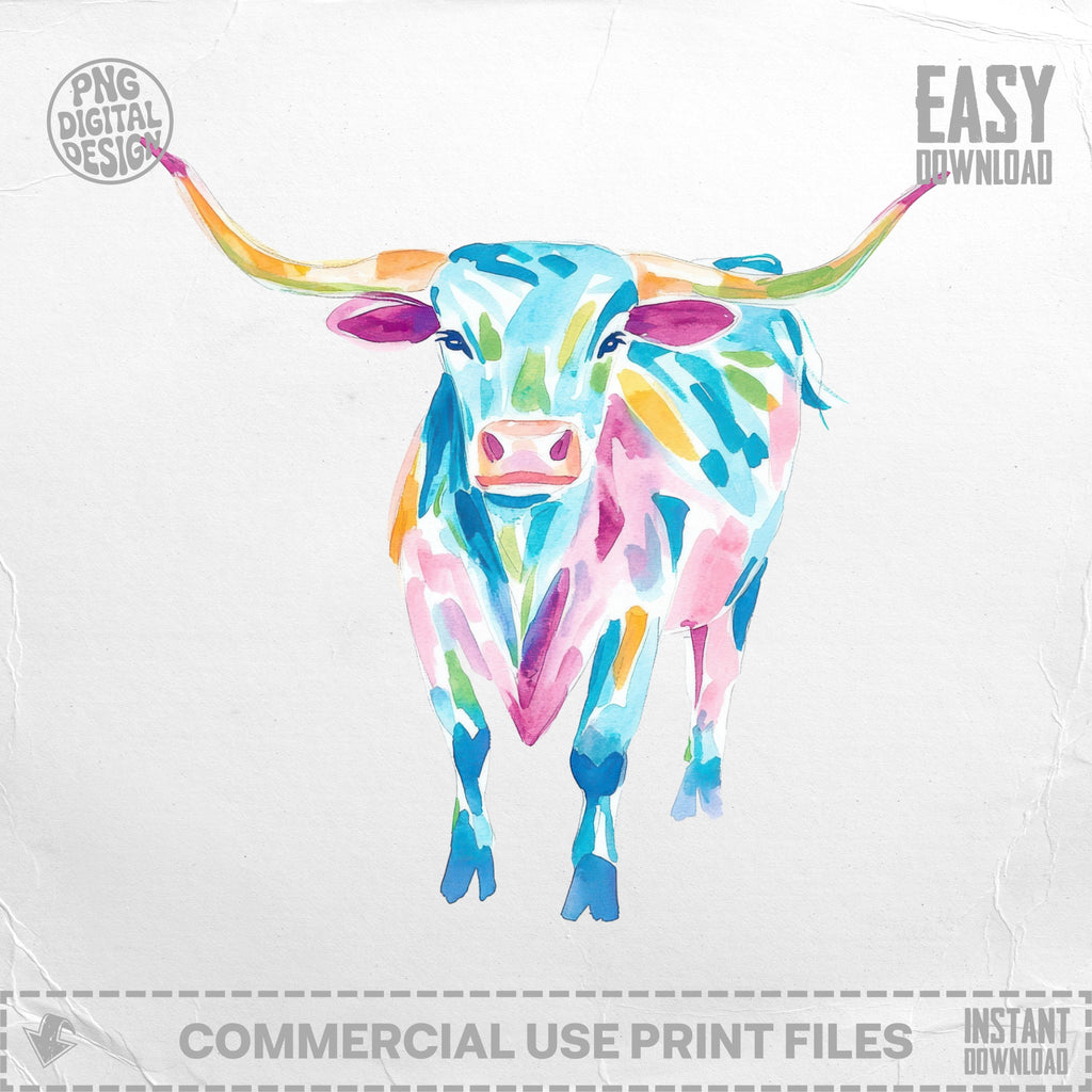 Colorful watercolor longhorn bull illustration with "Easy Download" text.