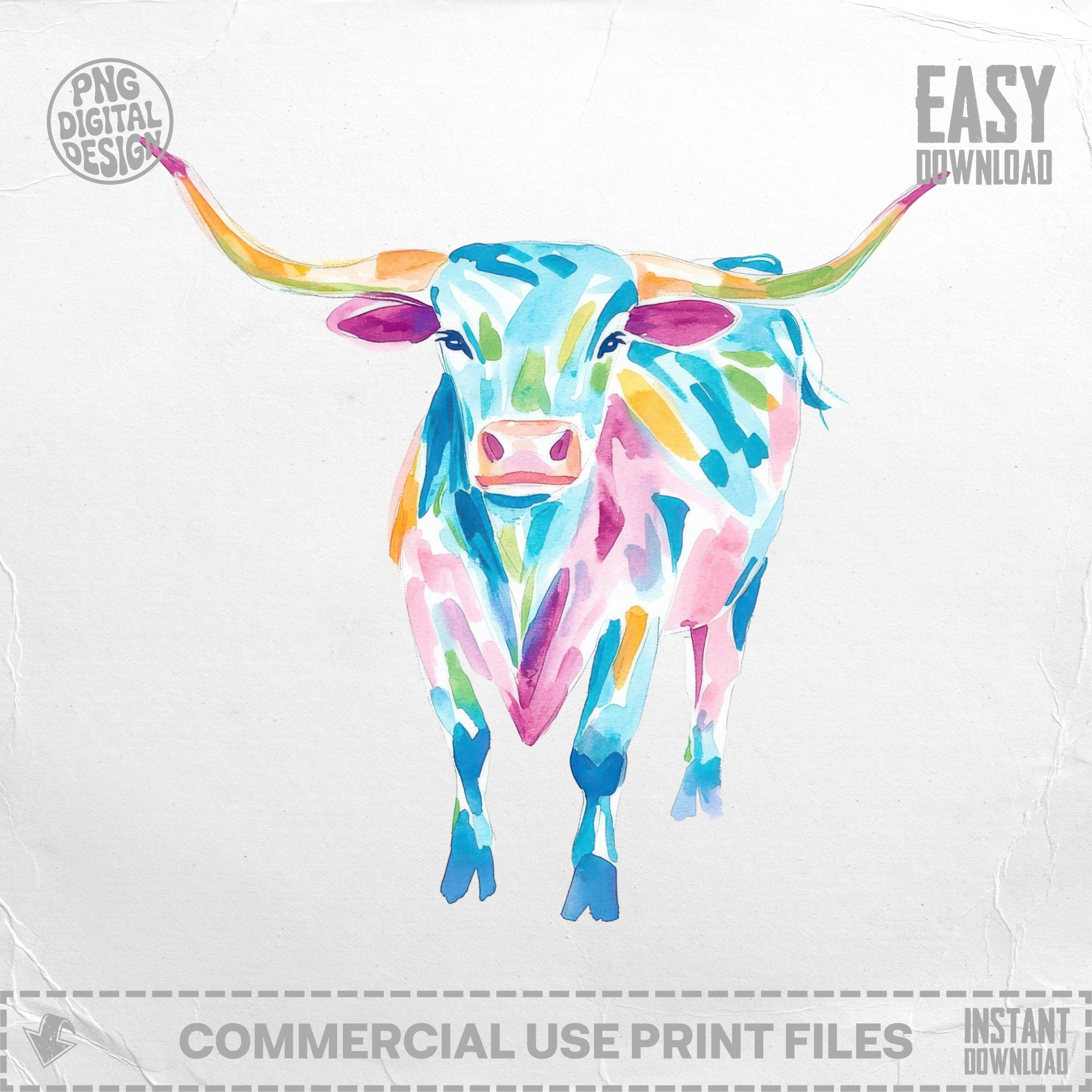 Colorful watercolor longhorn bull illustration with "Easy Download" text.