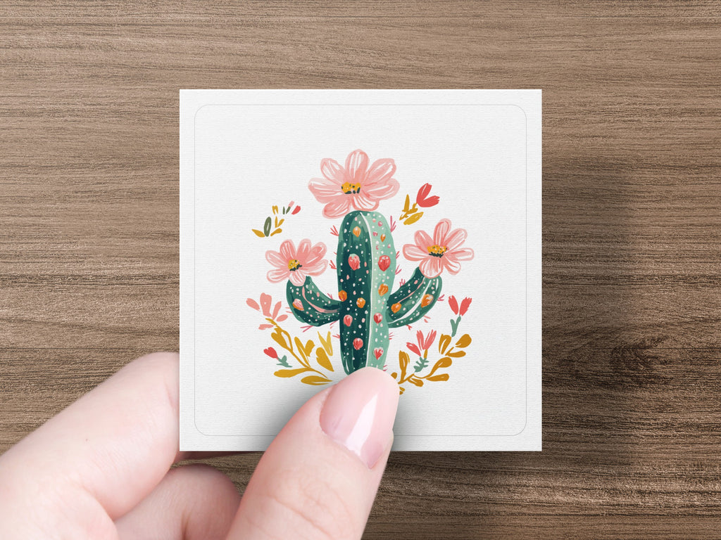Square illustration of a potted cactus with pink flowers on a wooden surface.