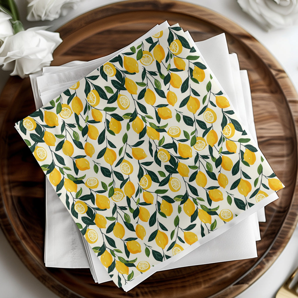 Vibrant Lemons and Leaves Patterned Paper Napkin