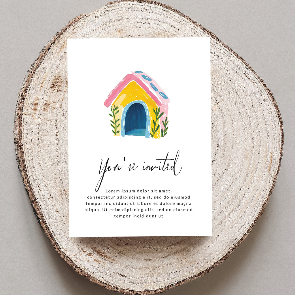 Invitation card with hand-drawn colorful dog house and "You're invited" text.