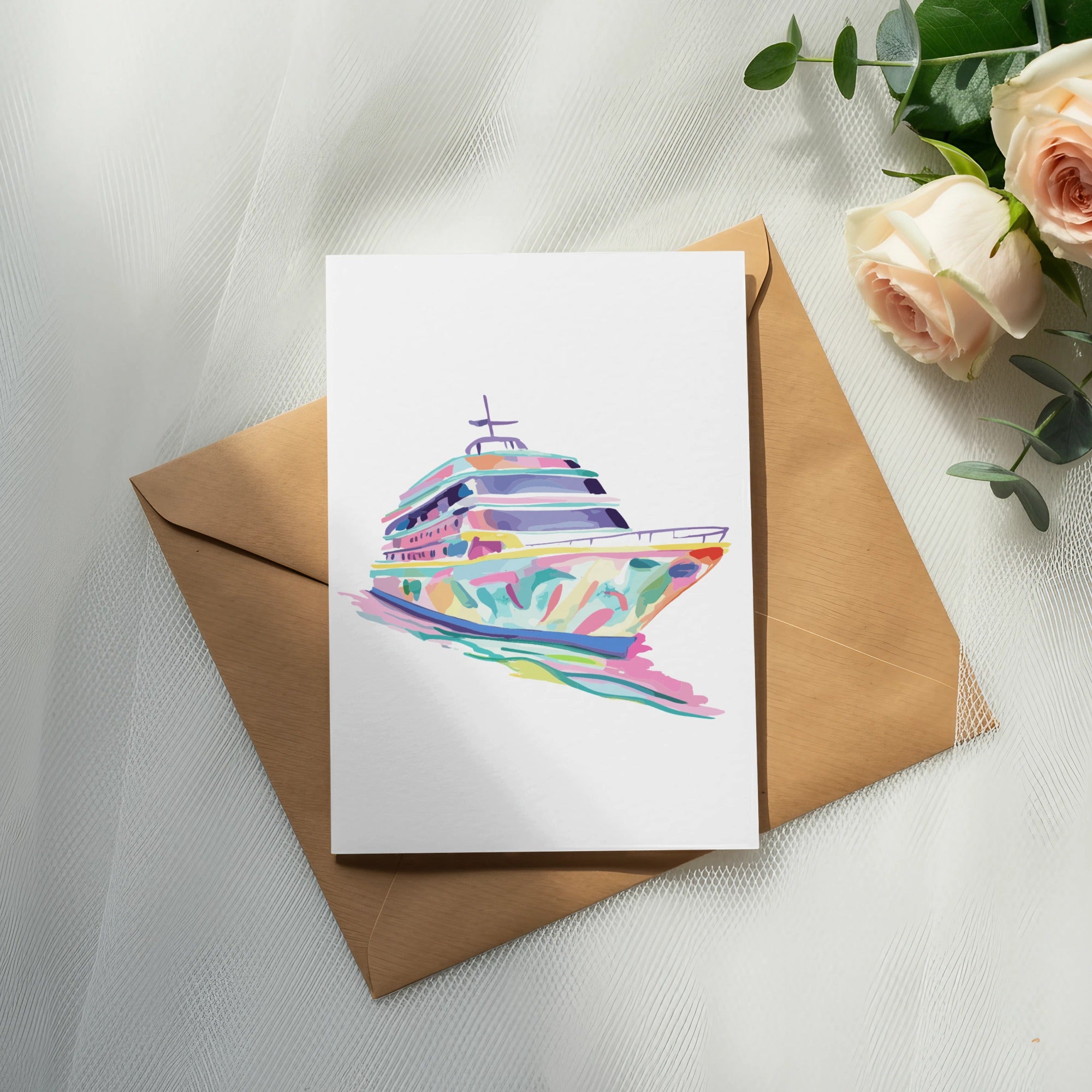 Colorful abstract yacht illustration on a white card on a brown envelope.