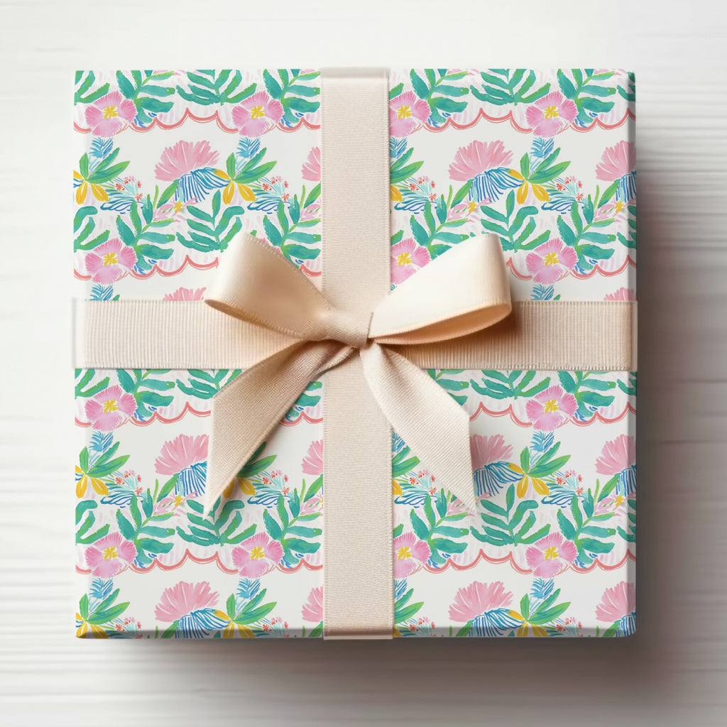 Pink green floral tropical leaves scalloped bright design product type