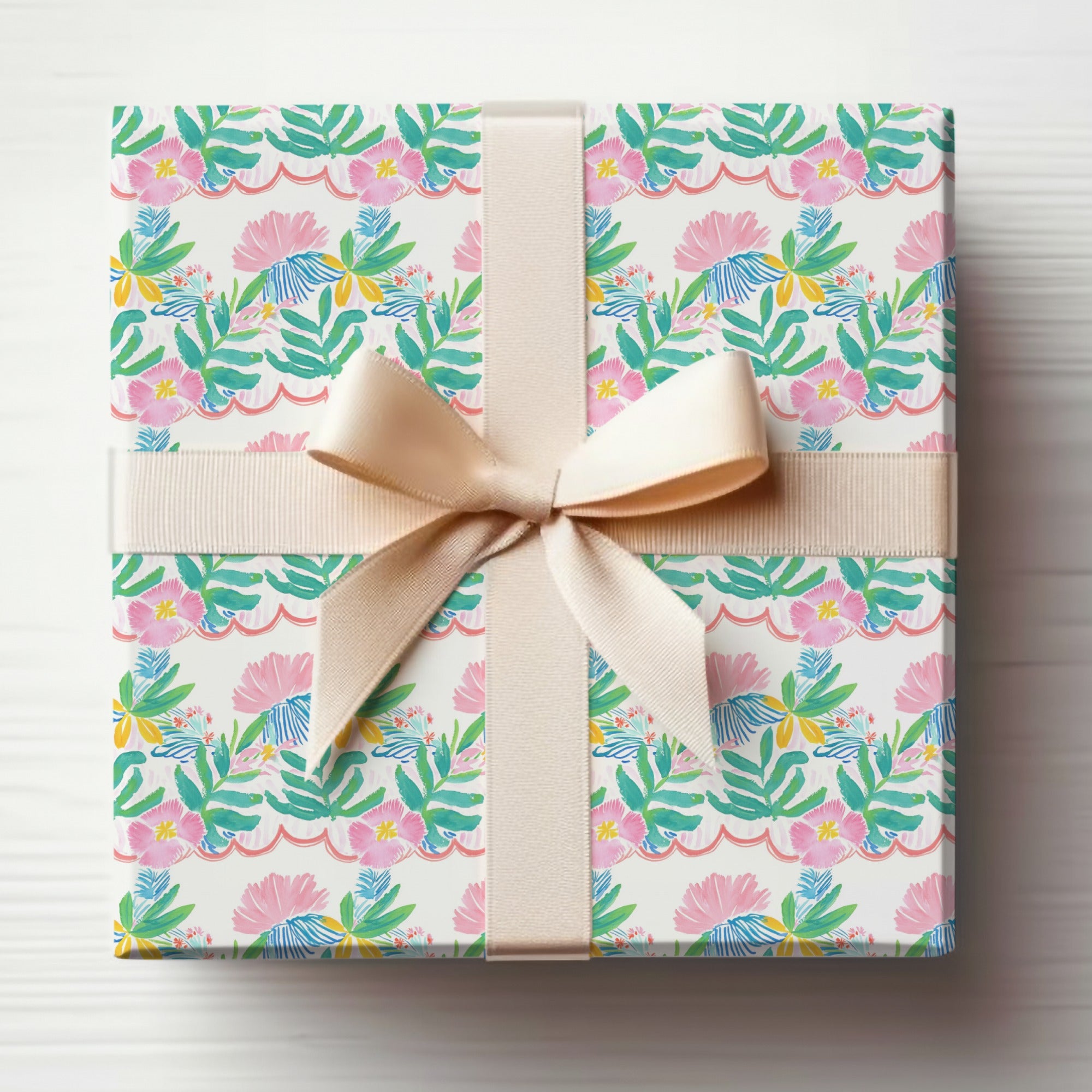 Pink green floral tropical leaves scalloped bright design product type