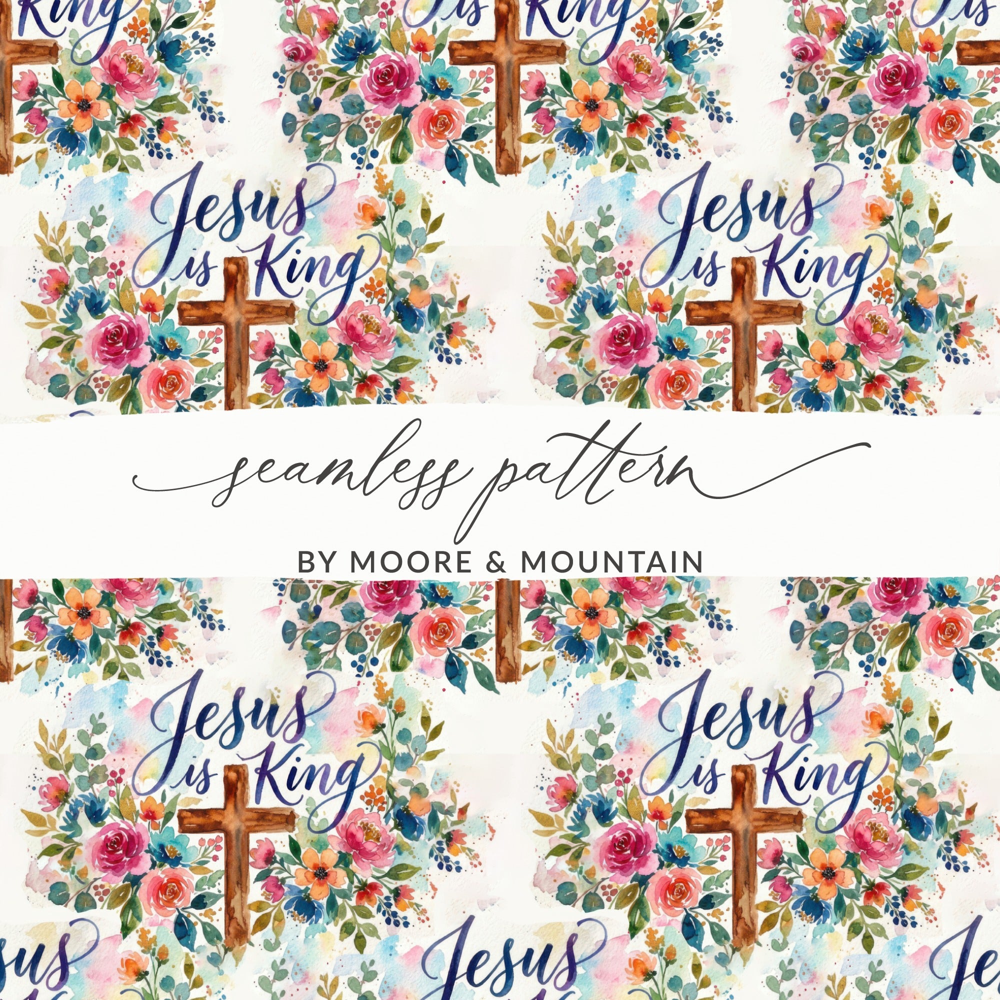 Jesus is King Watercolor Floral Cross seamless pattern
Jesus is King
Seamless pattern
Watercolor floral
Christian design
Religious art
Cross artwork
Botanical pattern
Flower print
Scripture theme
Faith inspiration
Digital paper
Surface pattern
Floral cross
Vibrant colors
Artistic design
Uplifting pattern
Jesus artwork
King of Kings
Spiritual print
Moore Mountain