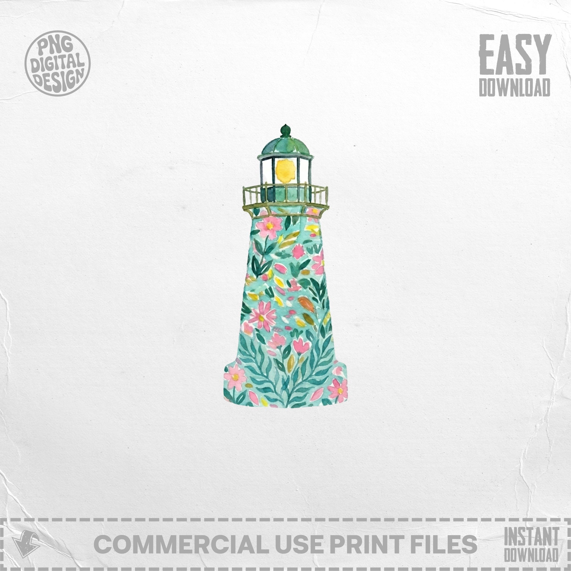 Watercolor lighthouse with floral pattern, "PNG DIGITAL DESIGN" and "EASY DOWNLOAD" text.