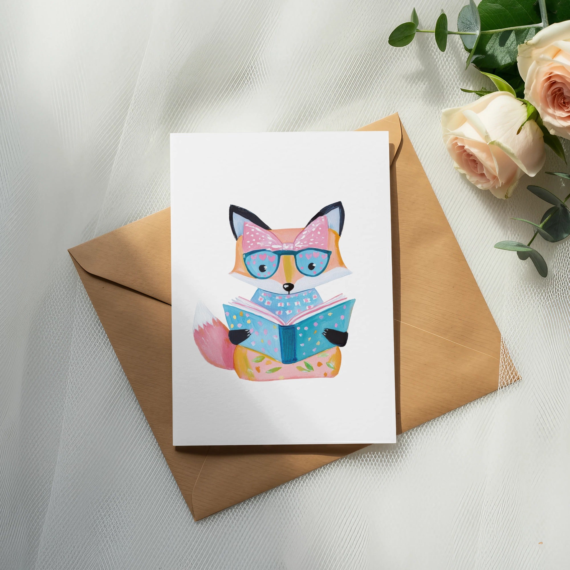 Watercolor illustration of a fox in glasses reading an open book.
