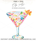 Watercolor martini glass with colorful confetti and garnish.