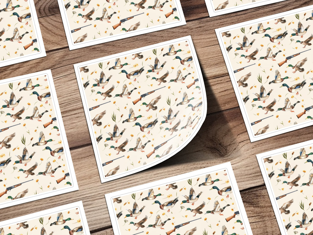 Illustrated Flying Ducks and Shotguns Pattern Print